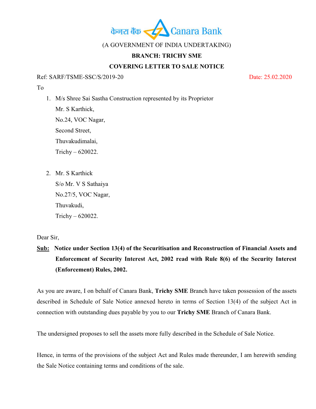 TRICHY SME COVERING LETTER to SALE NOTICE Ref: SARF/TSME-SSC/S/2019-20 Date: 25.02.2020 to 1