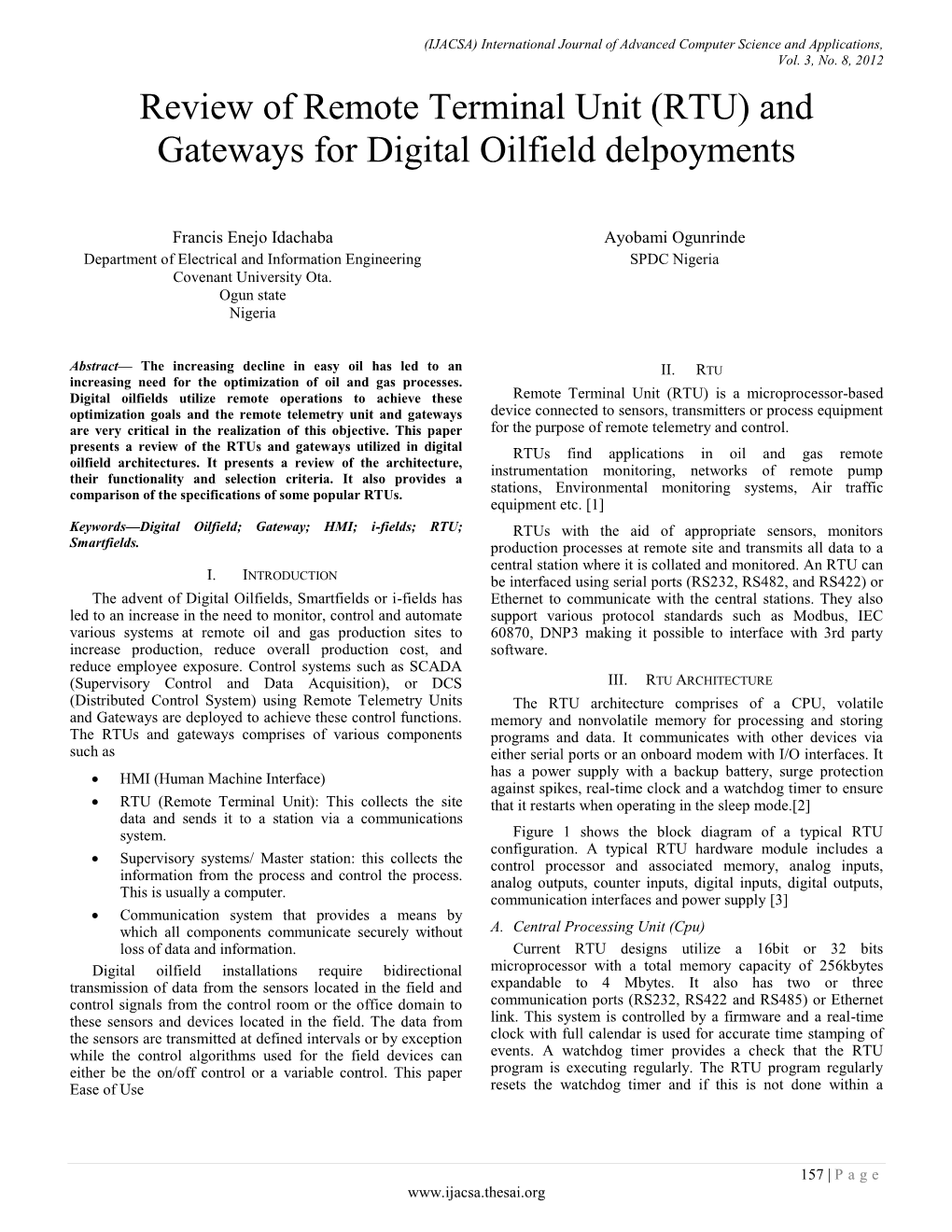 Review of Remote Terminal Unit (RTU) and Gateways for Digital Oilfield Delpoyments