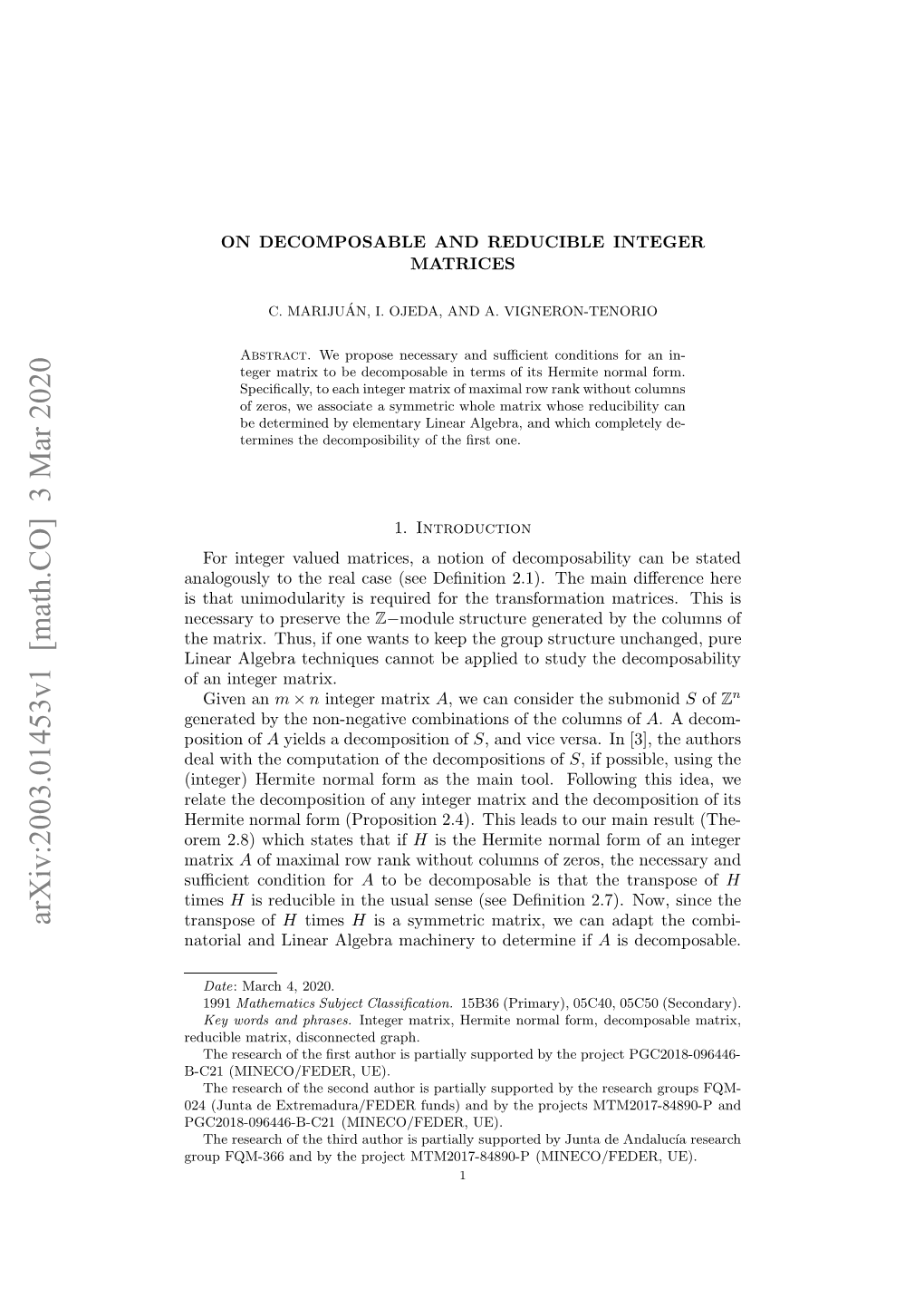 Arxiv:2003.01453V1 [Math.CO] 3 Mar 2020 Ieragbatcnqe Antb Ple Osuytedec the Study to Matrix