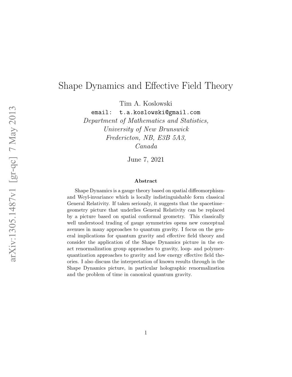 Shape Dynamics and Effective Field Theory Arxiv:1305.1487V1 [Gr-Qc] 7 May 2013