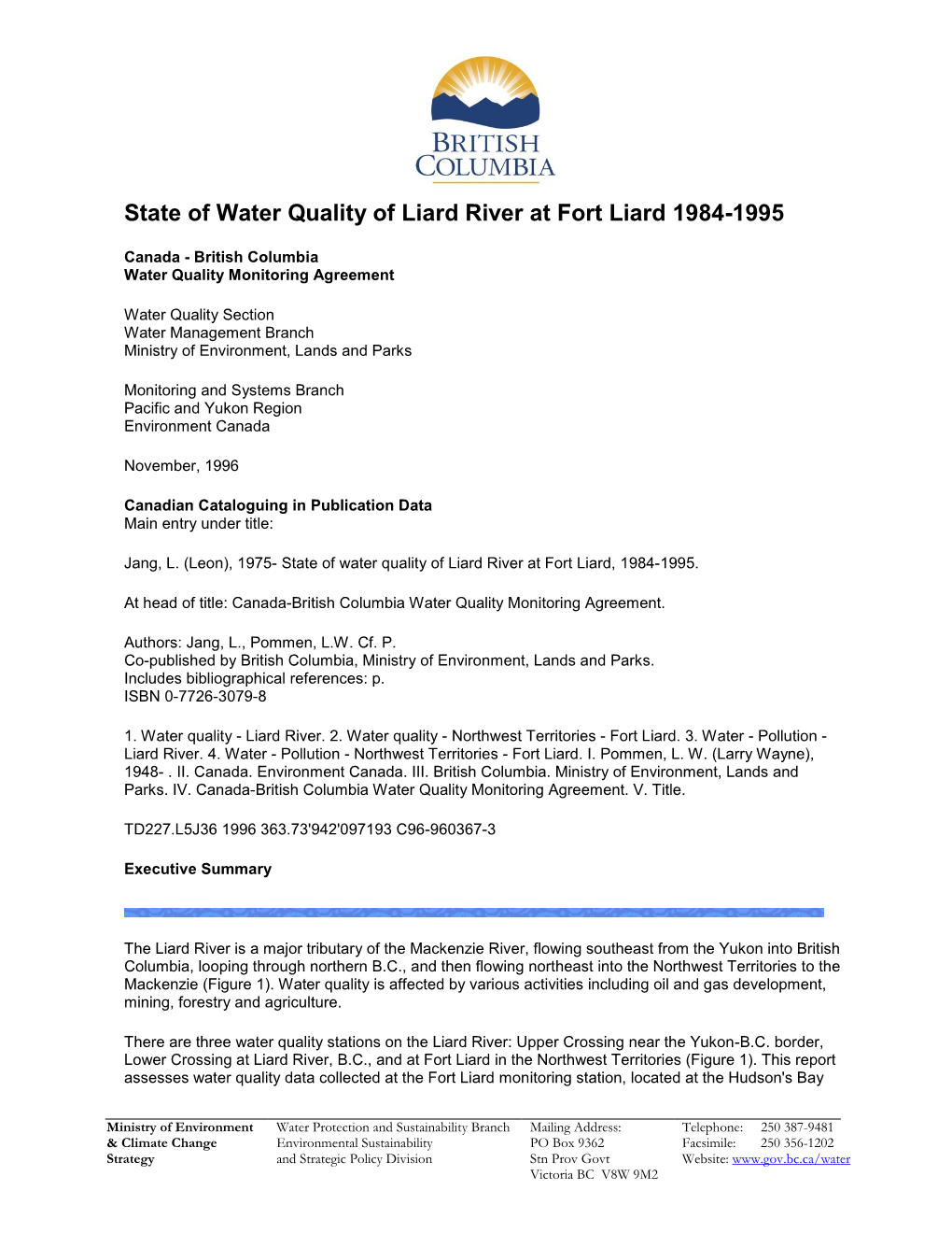 State of Water Quality of Liard River at Fort Liard 1984-1995