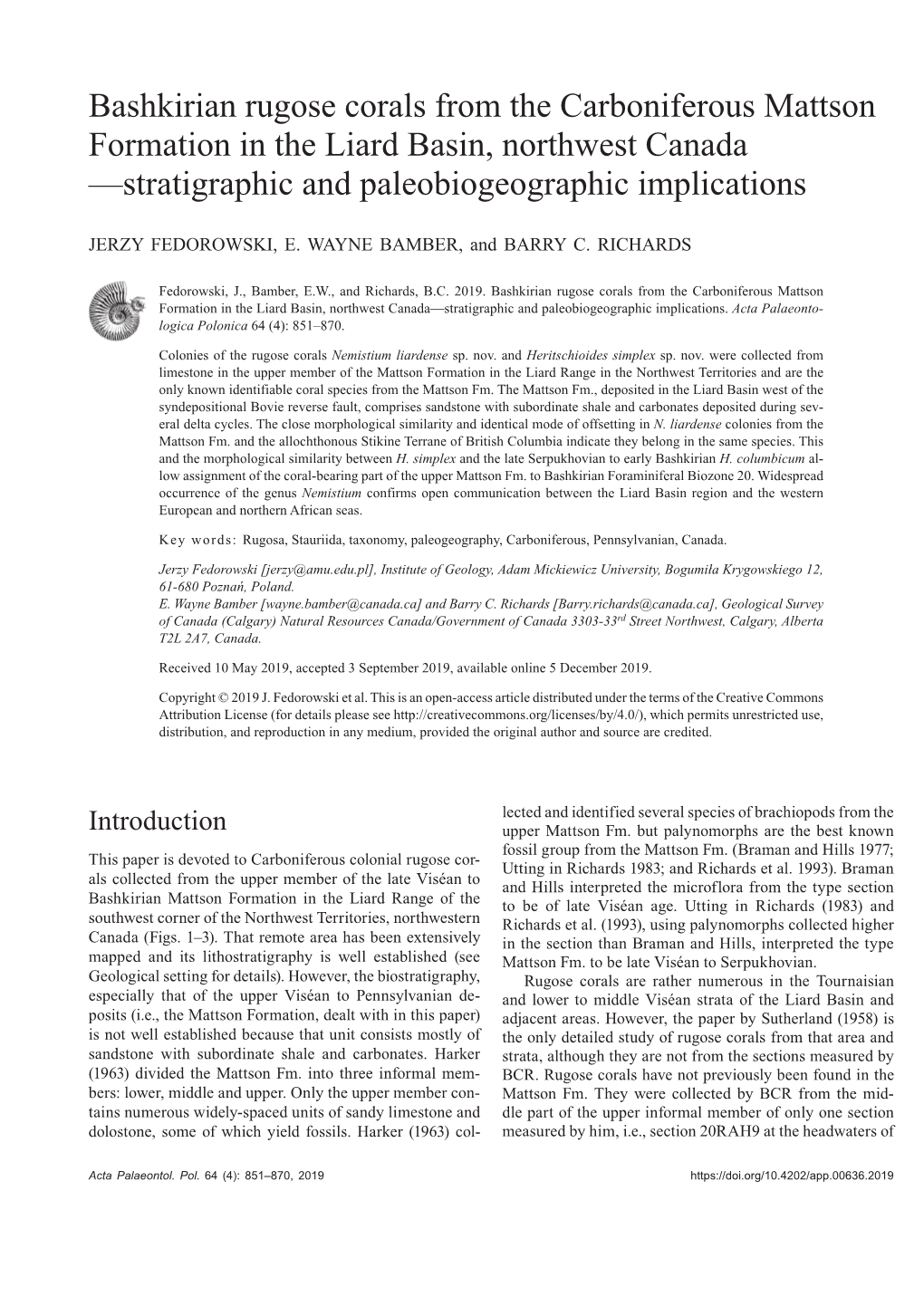 Bashkirian Rugose Corals from the Carboniferous Mattson Formation in the Liard Basin, Northwest Canada —Stratigraphic and Paleobiogeographic Implications