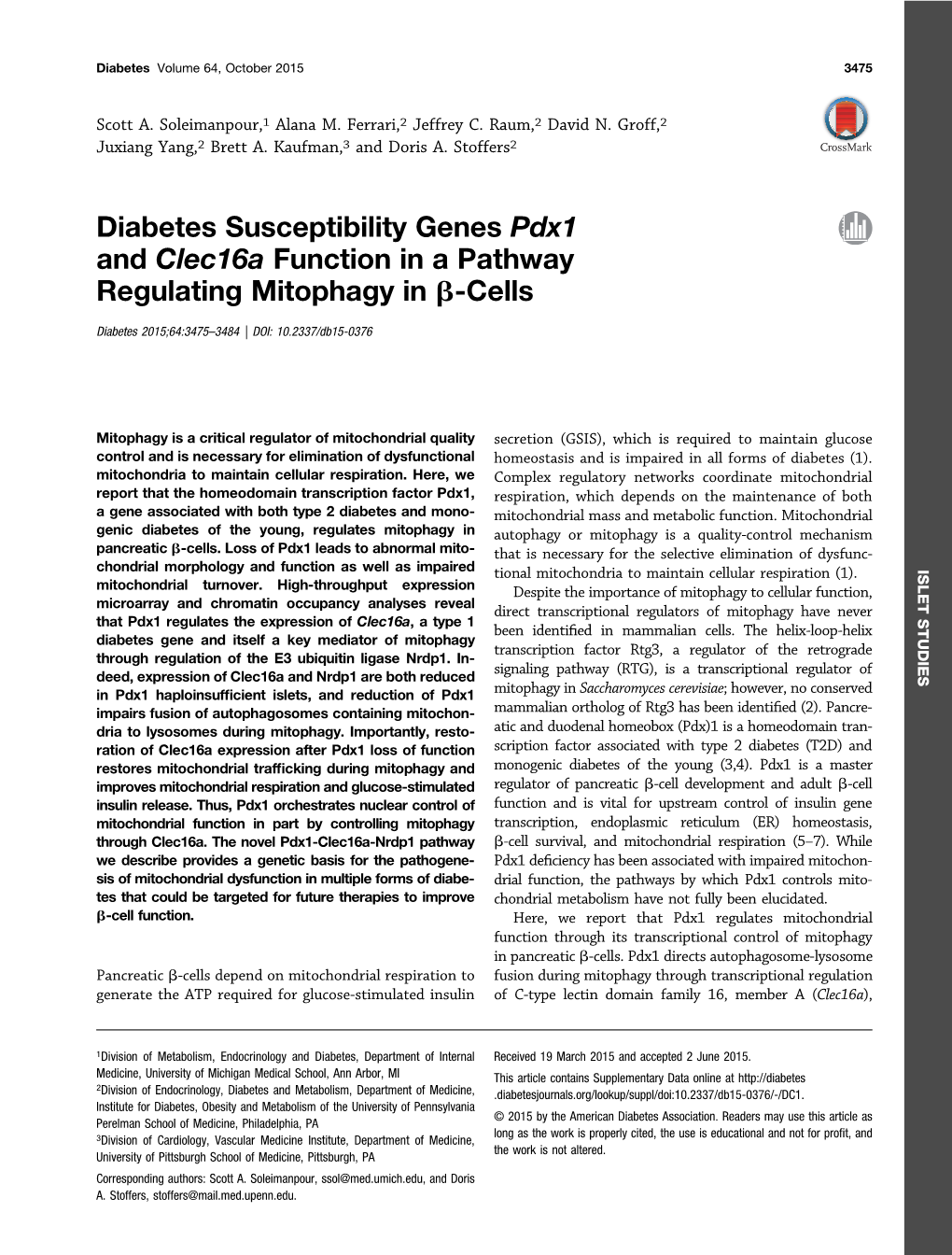 Diabetes Susceptibility Genes Pdx1 and Clec16a Function in a Pathway Regulating Mitophagy in B-Cells