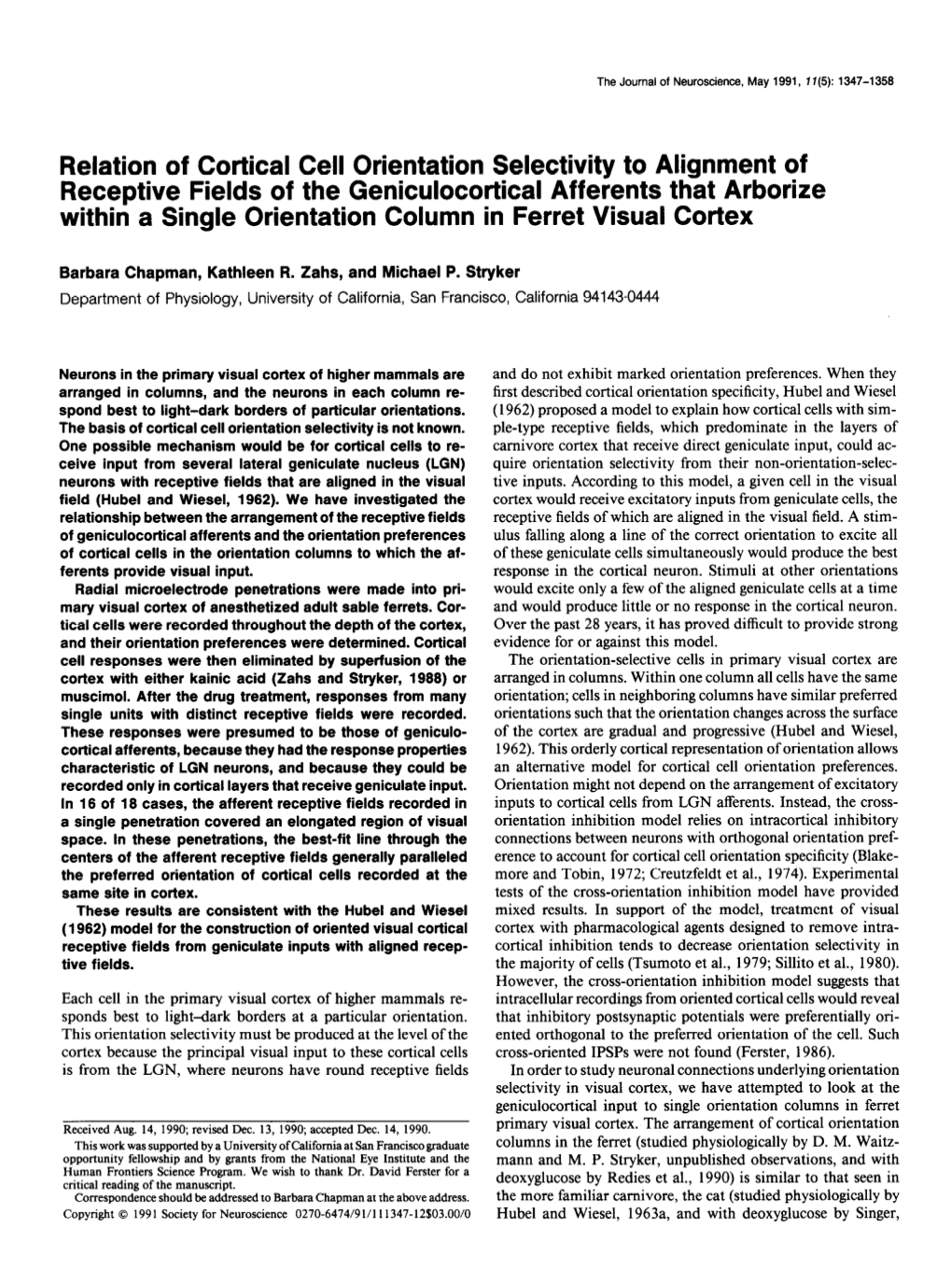 Relation of Cortical Cell Orientation Selectivity to Alignment Of