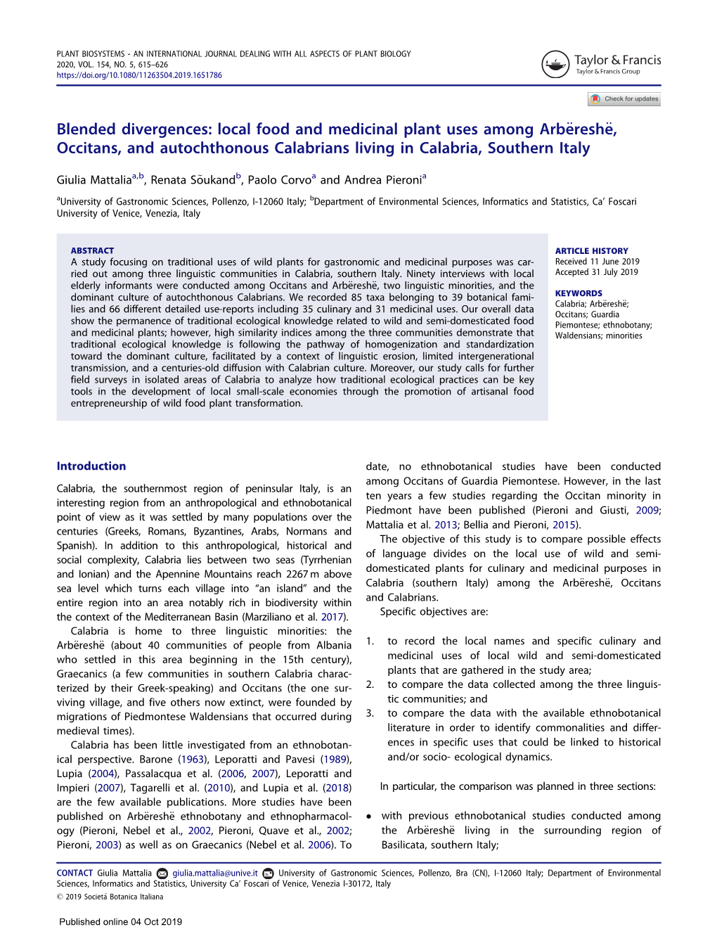 Blended Divergences: Local Food and Medicinal Plant Uses Among Arbëreshë, Occitans, and Autochthonous Calabrians Living In