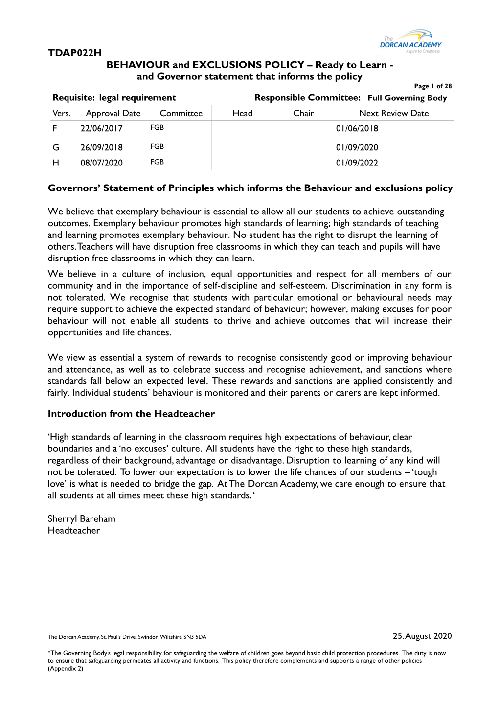 Ready to Learn - and Governor Statement That Informs the Policy Page 1 of 28 Requisite: Legal Requirement Responsible Committee: Full Governing Body Vers