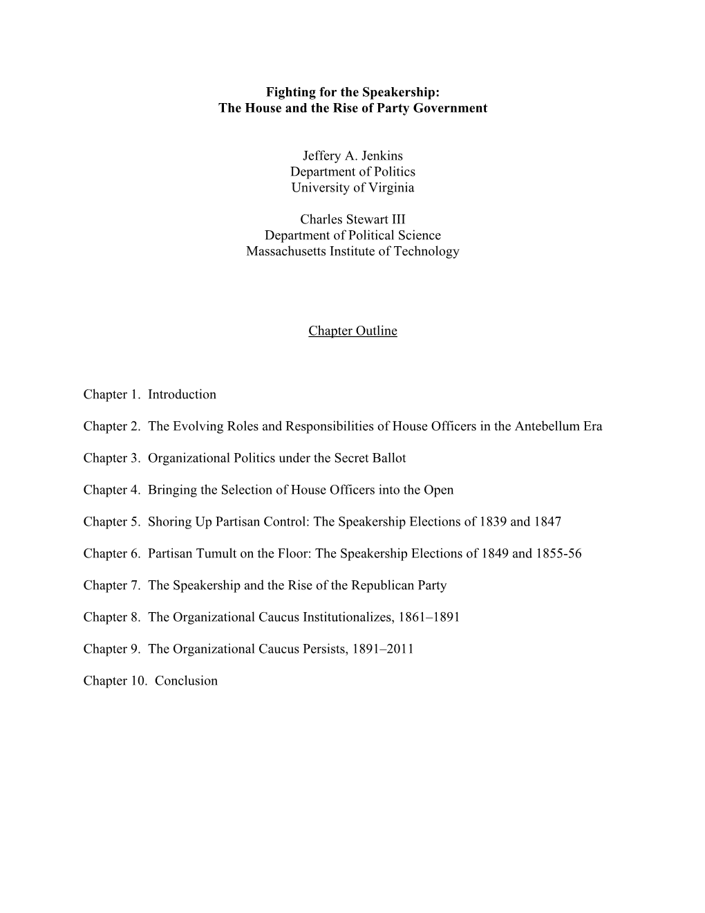 Fighting for the Speakership: the House and the Rise of Party Government