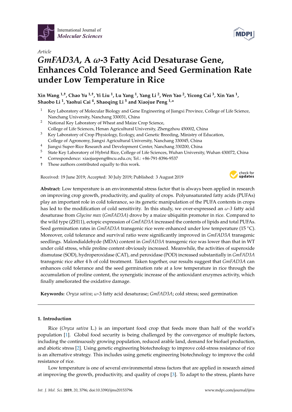 Gmfad3a, a -3 Fatty Acid Desaturase Gene, Enhances Cold Tolerance