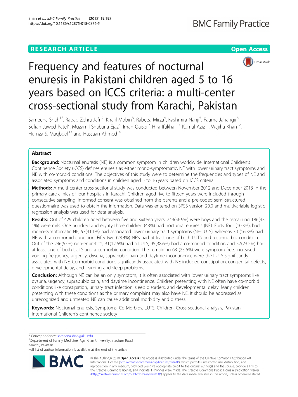 Frequency and Features of Nocturnal Enuresis In