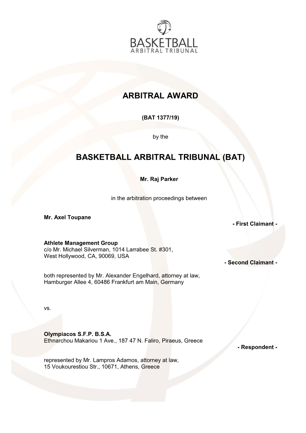 Arbitral Award Basketball Arbitral Tribunal (Bat)