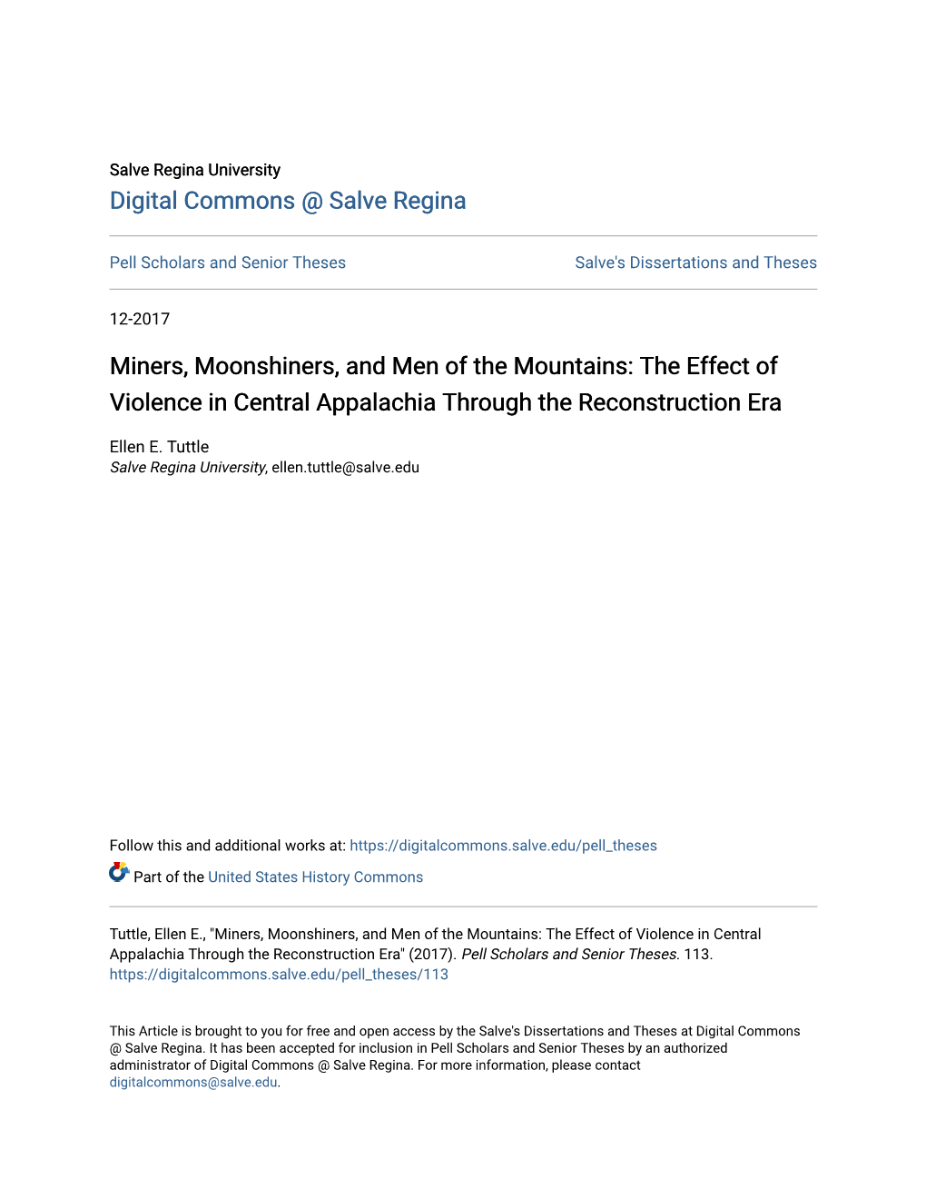 Miners, Moonshiners, and Men of the Mountains: the Effect of Violence in Central Appalachia Through the Reconstruction Era