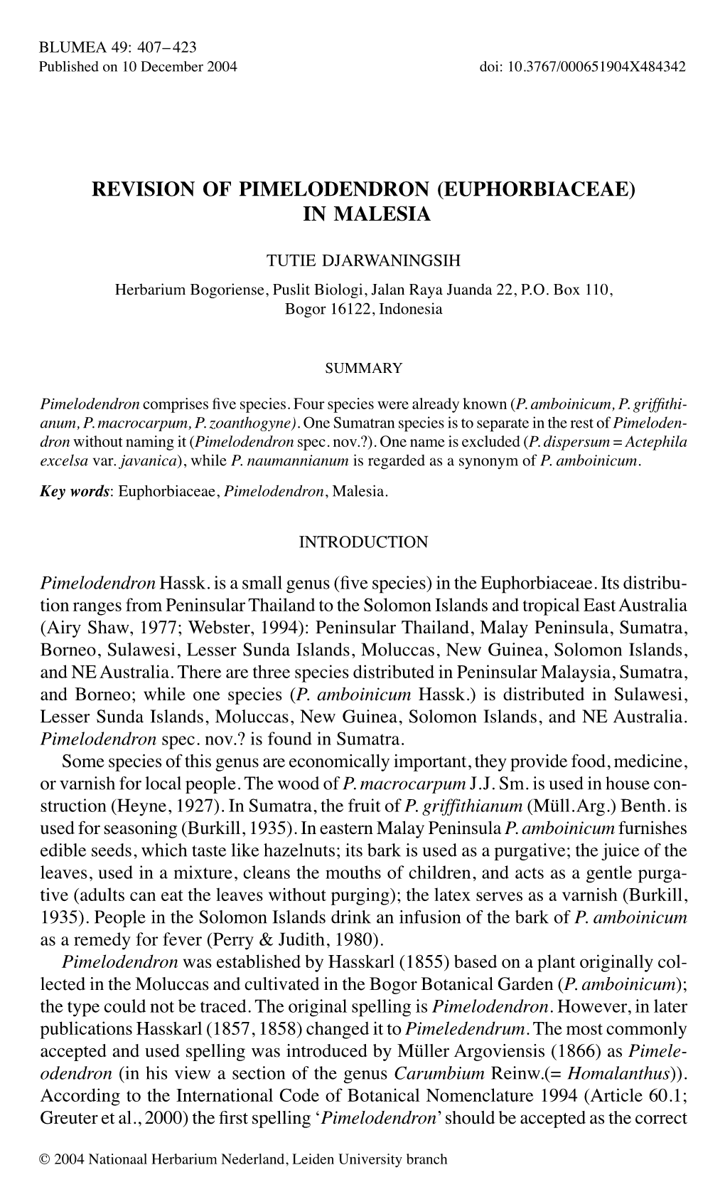 Revision of Pimelodendron (Euphorbiaceae) in Malesia