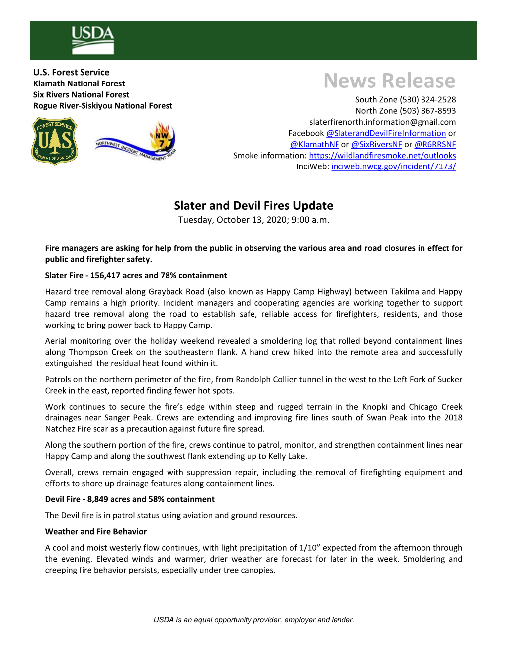 Slater and Devil Fires Update Tuesday, October 13, 2020; 9:00 A.M