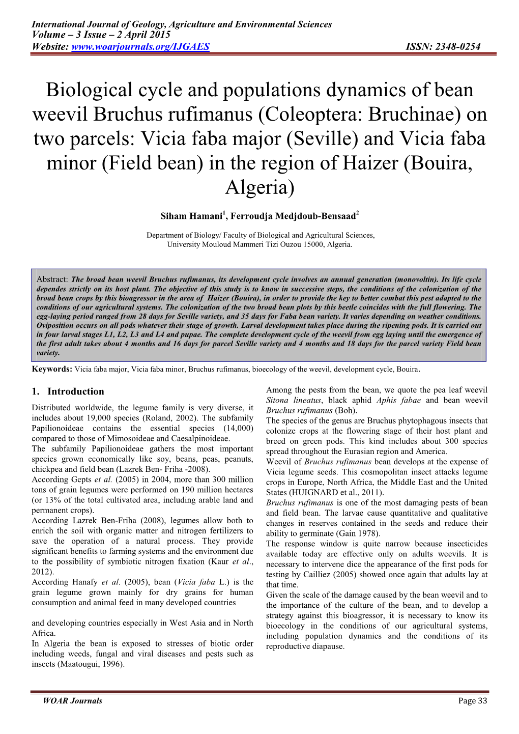 Biological Cycle and Populations Dynamics of Bean Weevil Bruchus