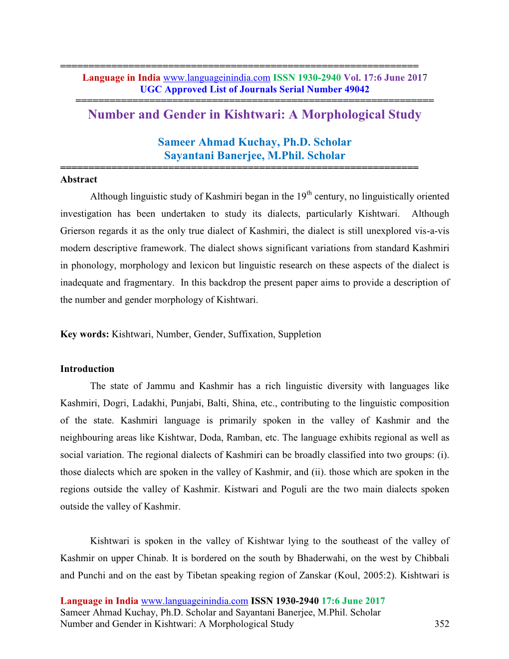 Number and Gender in Kishtwari: a Morphological Study