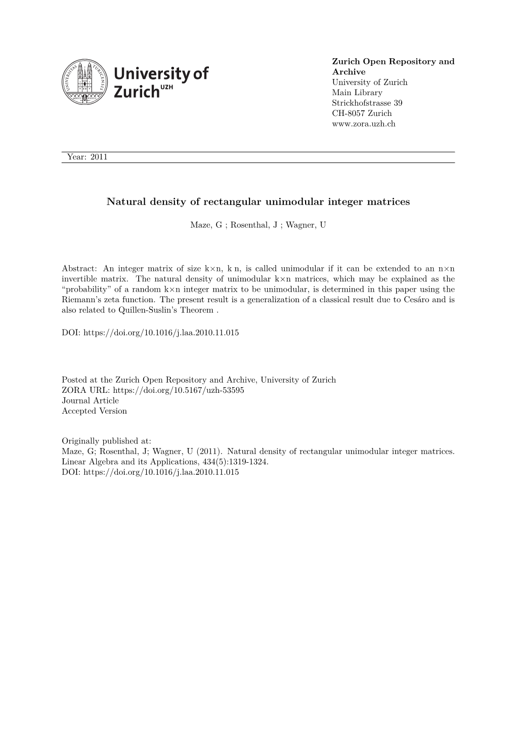 'Natural Density of Rectangular Unimodular Integer Matrices'