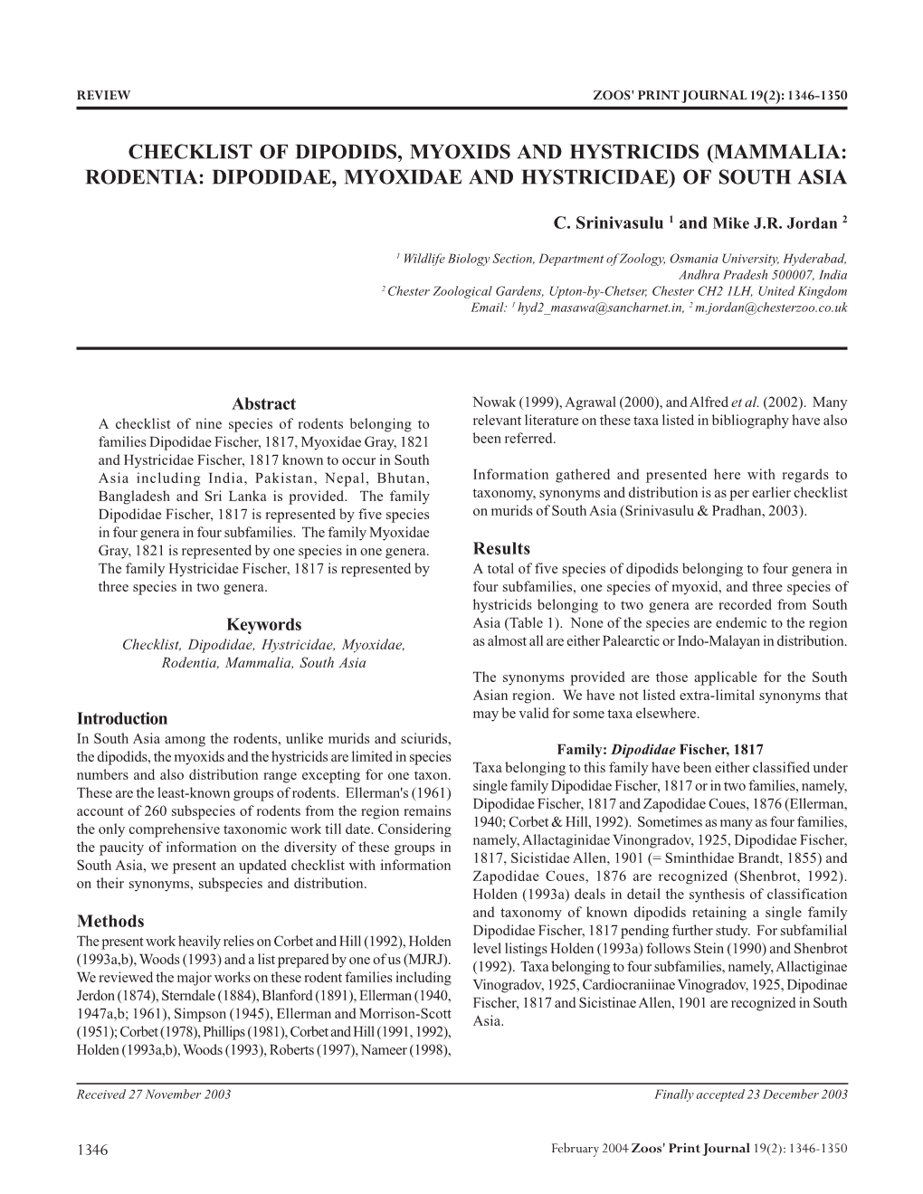 Checklist of Dipodids, Myoxids and Hystricids (Mammalia: Rodentia: Dipodidae, Myoxidae and Hystricidae) of South Asia