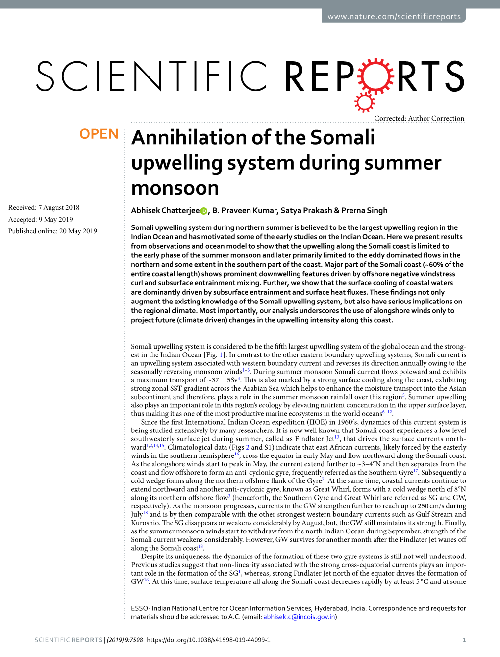 Annihilation of the Somali Upwelling System During Summer Monsoon Received: 7 August 2018 Abhisek Chatterjee , B