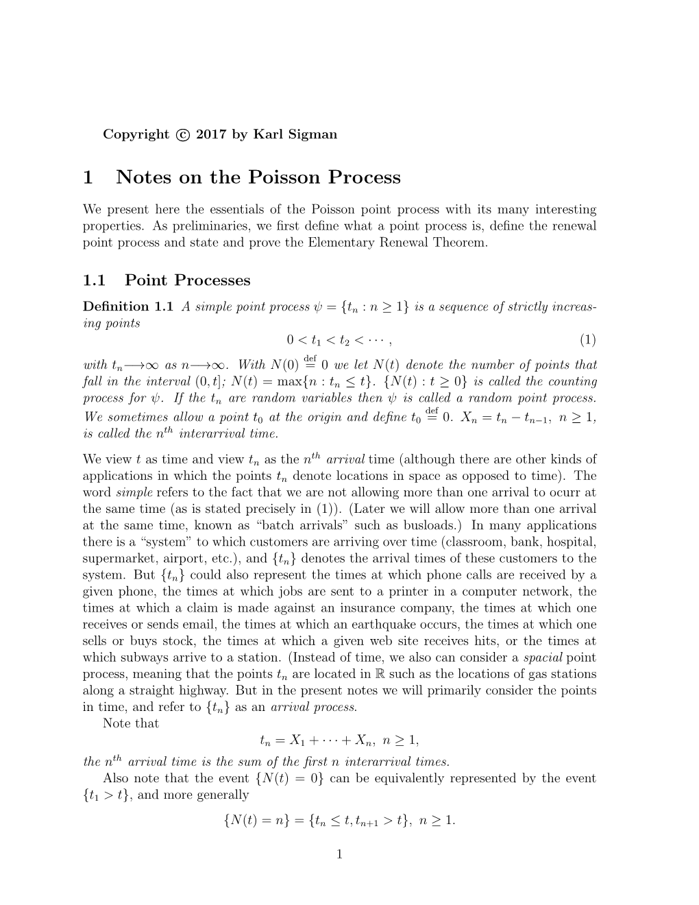 1 Notes on the Poisson Process