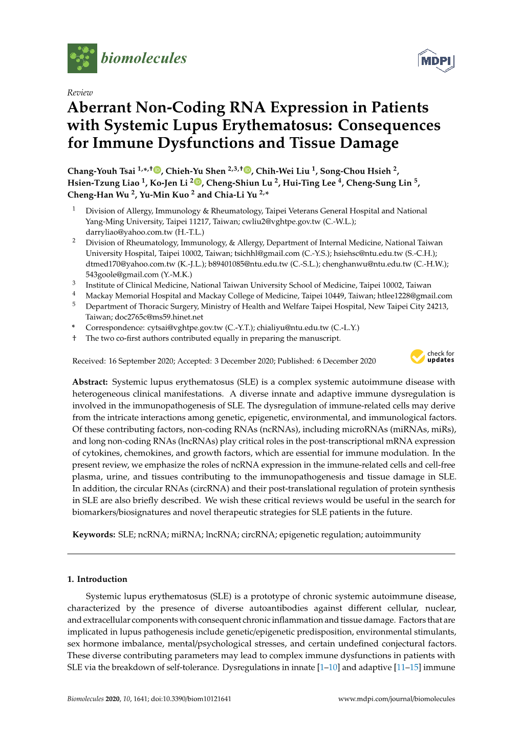 Aberrant Non-Coding RNA Expression in Patients with Systemic Lupus Erythematosus: Consequences for Immune Dysfunctions and Tissue Damage