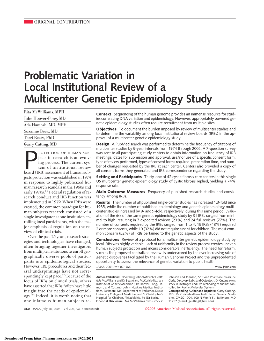 Problematic Variation in Local Institutional Review of a Multicenter Genetic Epidemiology Study