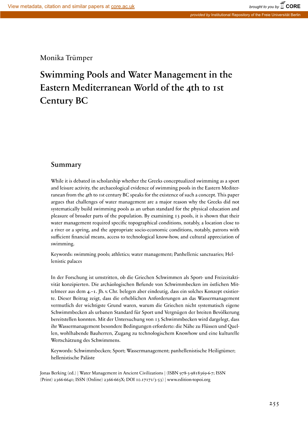 Swimming Pools and Water Management in the Eastern Mediterranean World of the 4Th to 1St Century BC