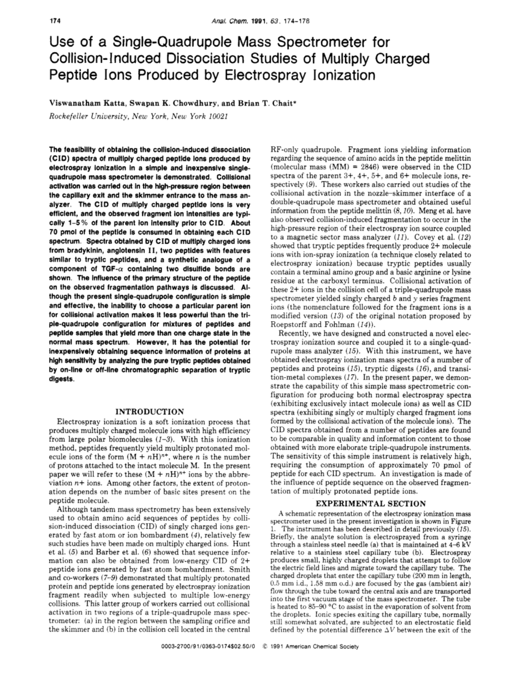 Use of a Single-Quadrupole Mass Spectrometer for Collision- Induced Dissociation Studies of Multiply Charged Peptide Ions Produced by Electrospray Ionization