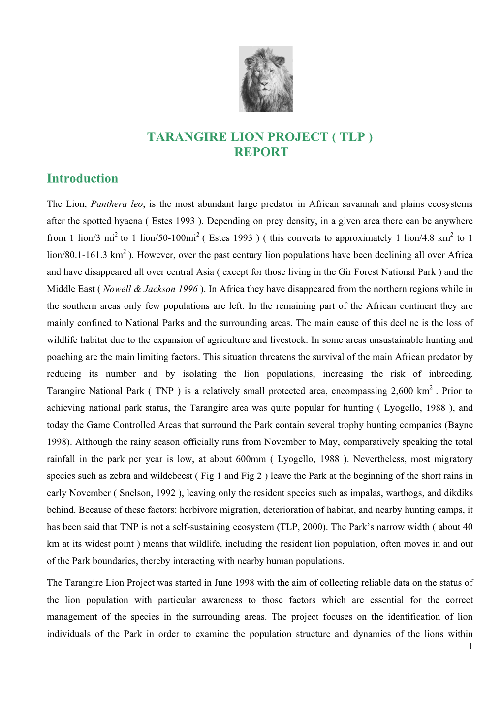 Tarangire Lion Project ( Tlp ) Report