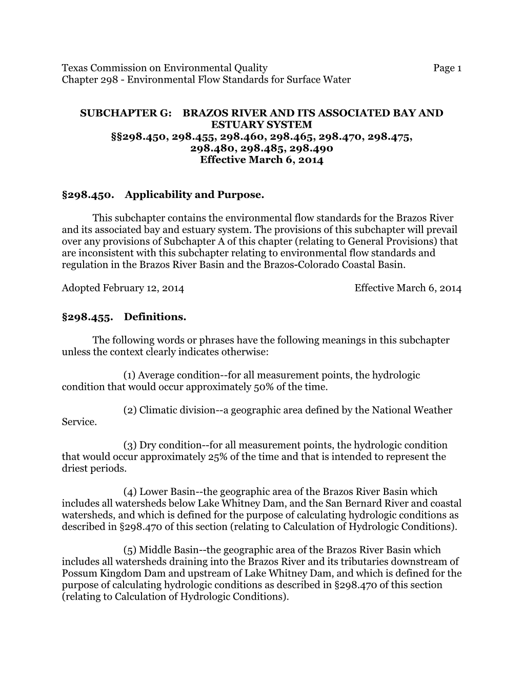 Texas Commission on Environmental Quality Page 1 Chapter 298 - Environmental Flow Standards for Surface Water