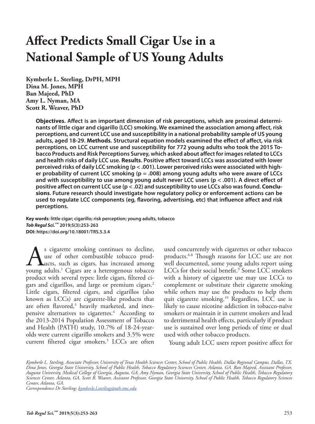 Affect Predicts Small Cigar Use in a National Sample of US Young Adults