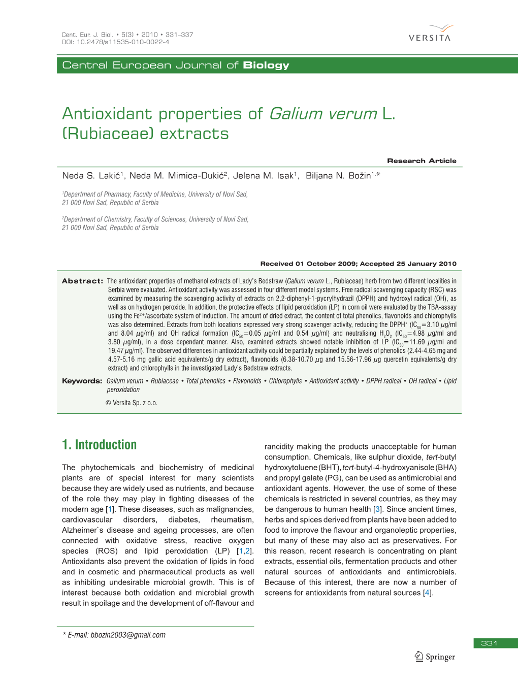 Antioxidant Properties of Galium Verum L. (Rubiaceae) Extracts