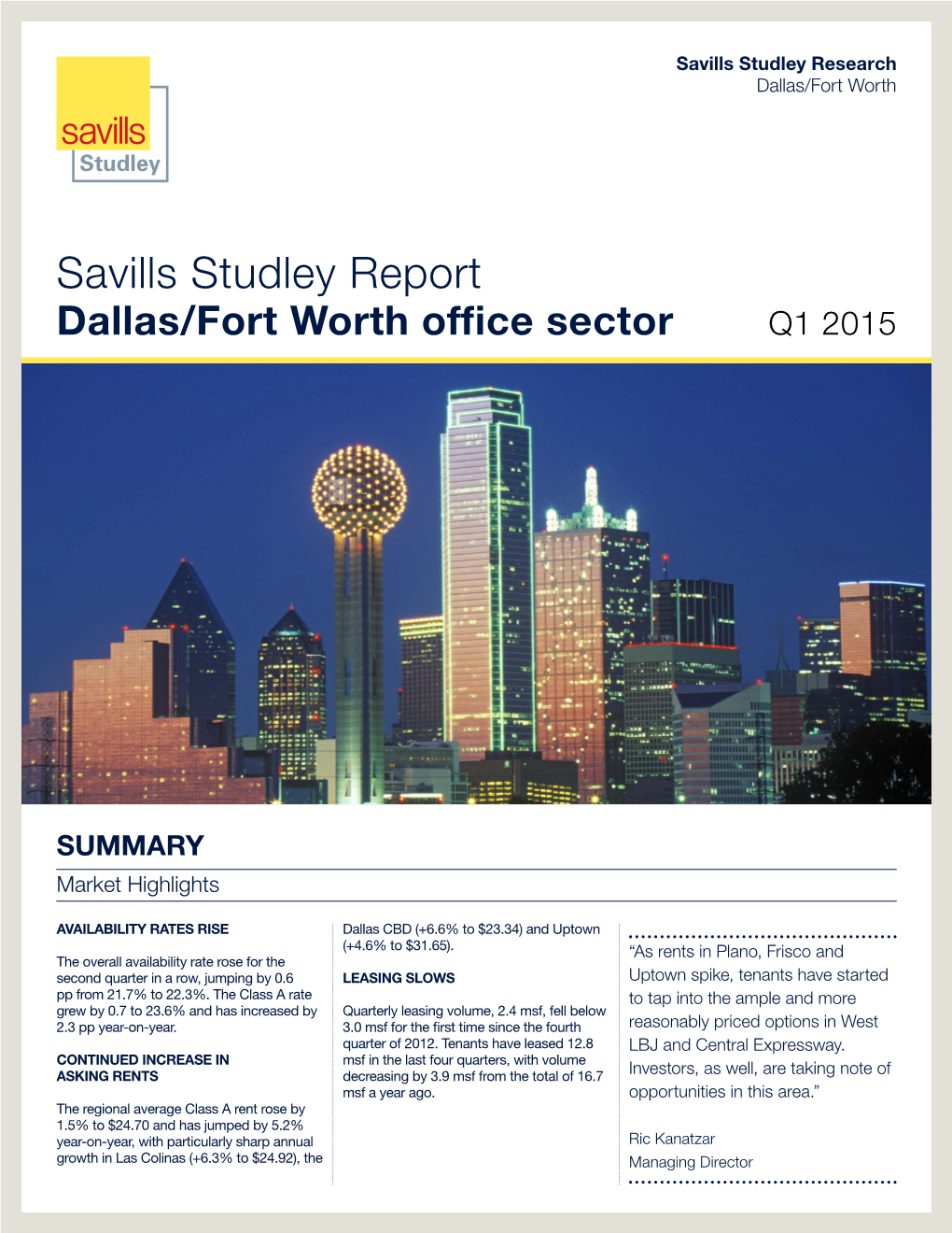 Savills Studley Report Dallas/Fort Worth Office Sector Q1 2015