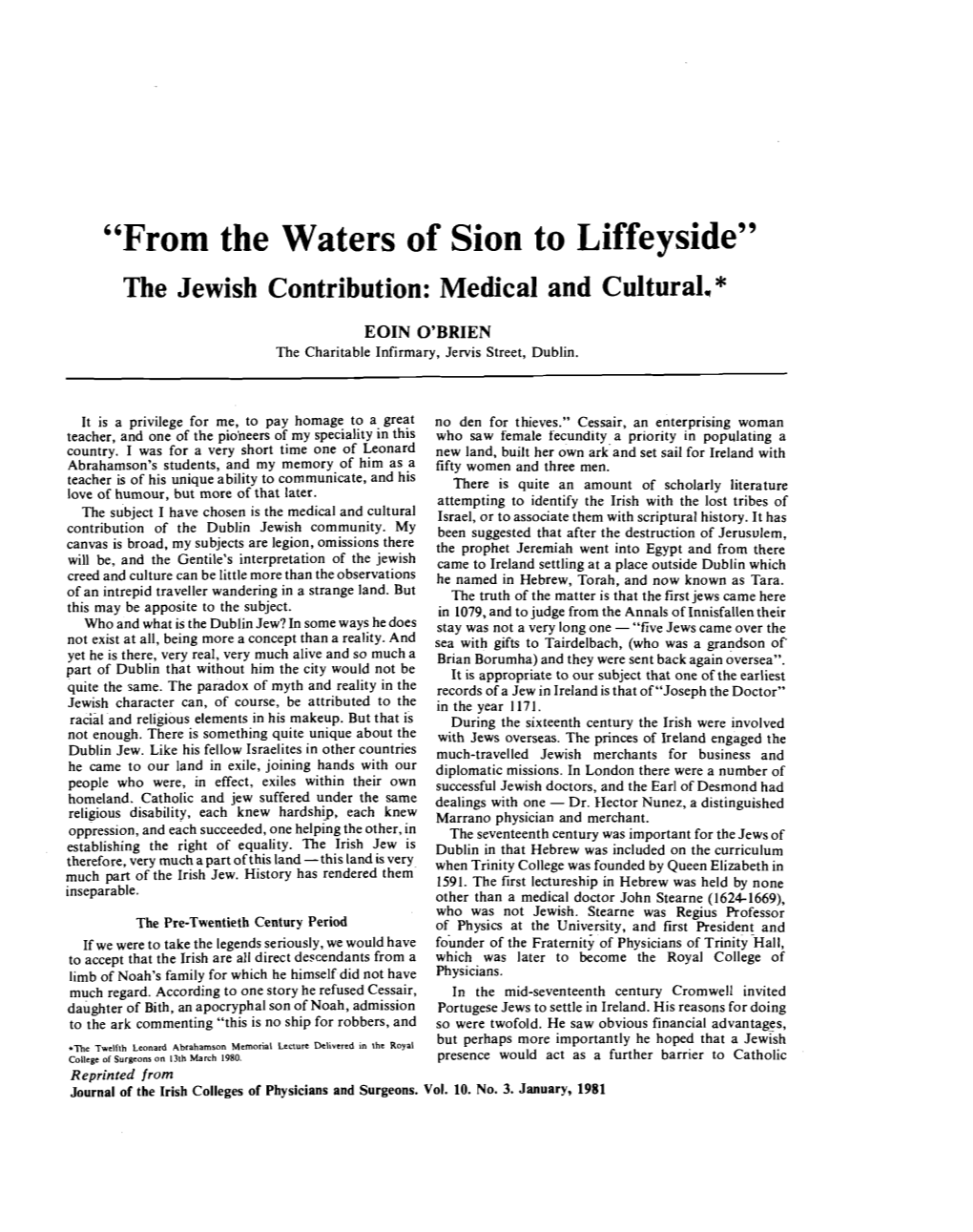 'From the Waters of Sion to Liffeyside'. the Jewish Contribution