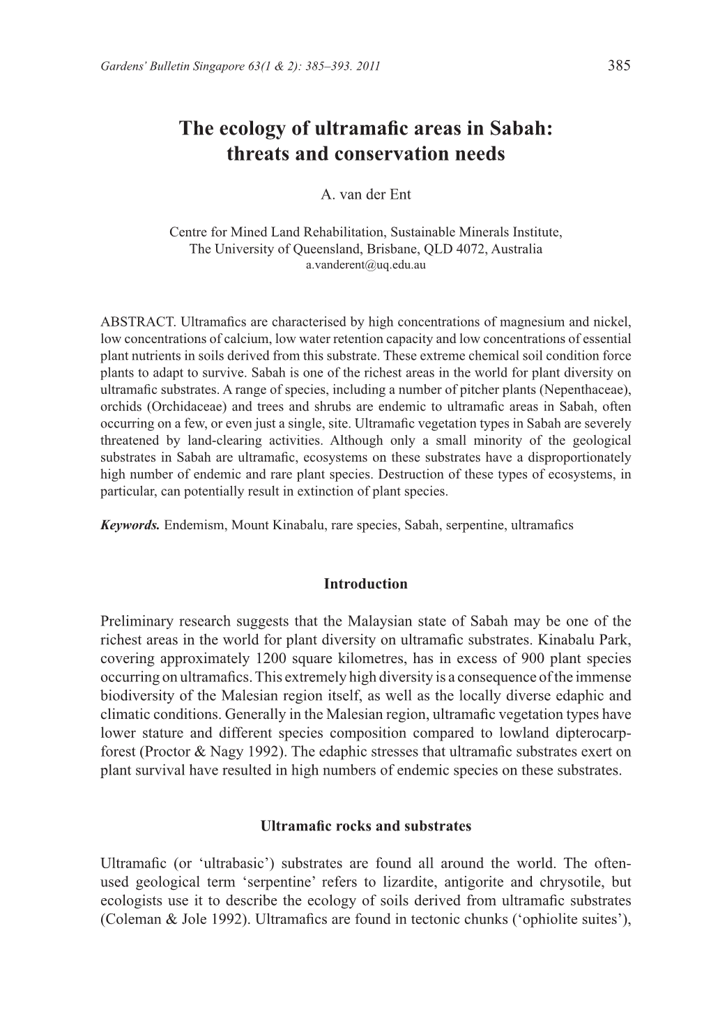 The Ecology of Ultramafic Areas in Sabah: Threats and Conservation Needs