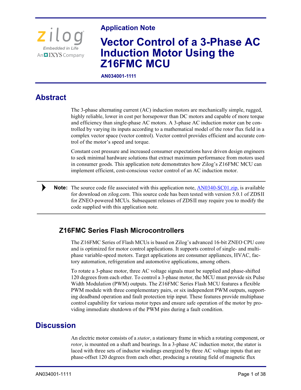 Vector Control of a 3-Phase AC Induction Motor Using the Z16FMC MCU AN034001-1111