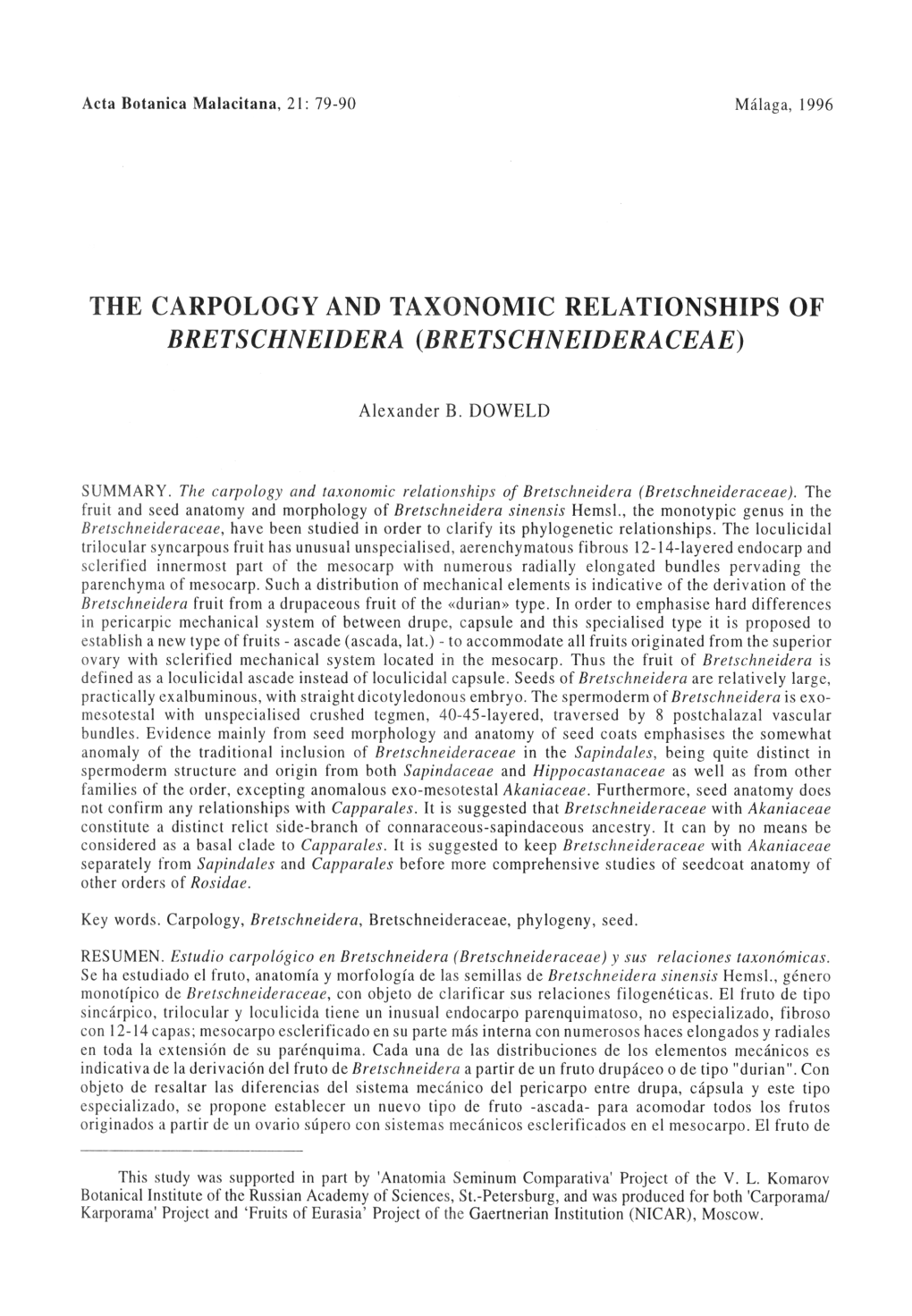 The Carpology and Taxonomic Relationships of Bretschneidera (Bretschneideraceae)