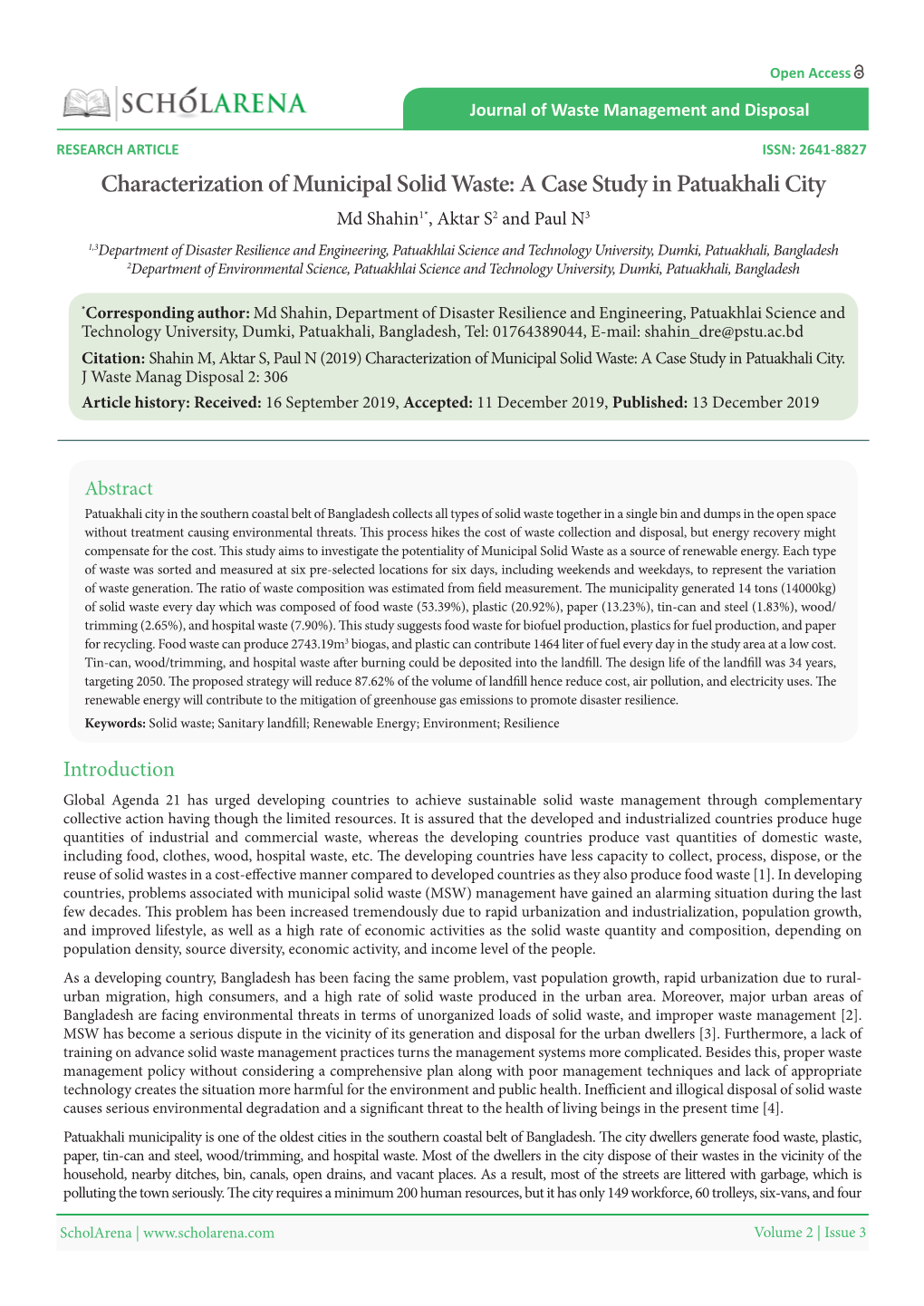 Characterization of Municipal Solid Waste: a Case Study in Patuakhali