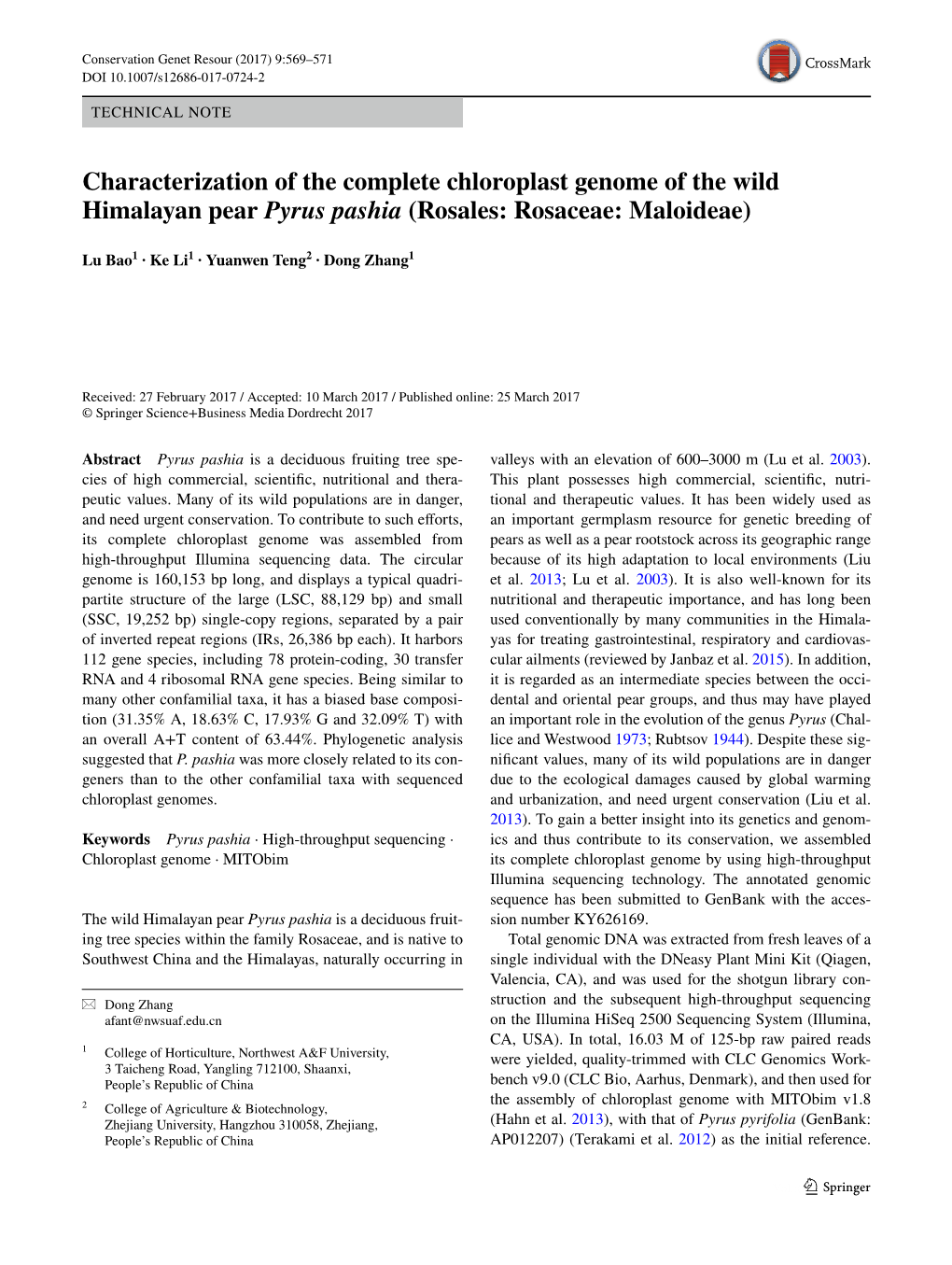 Characterization of the Complete Chloroplast Genome of the Wild Himalayan Pear Pyrus Pashia (Rosales: Rosaceae: Maloideae)