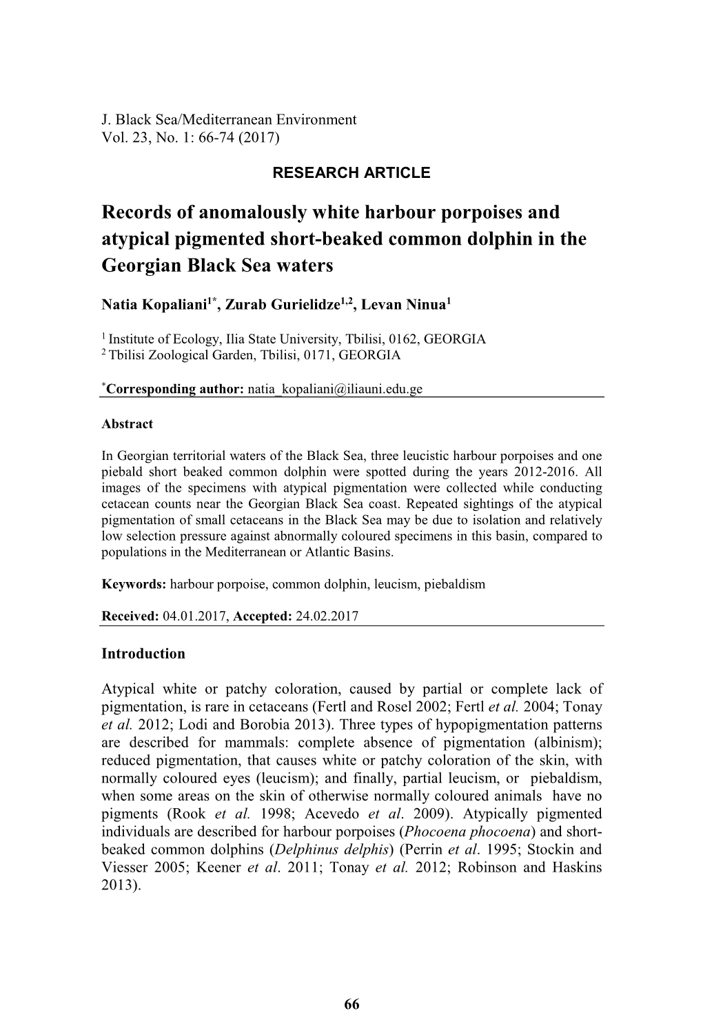 Records of Anomalously White Harbour Porpoises and Atypical Pigmented Short-Beaked Common Dolphin in the Georgian Black Sea Waters