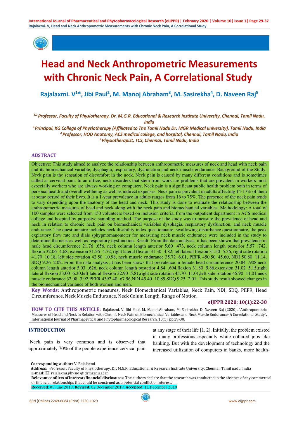 Head and Neck Anthropometric Measurements with Chronic Neck Pain, a Correlational Study