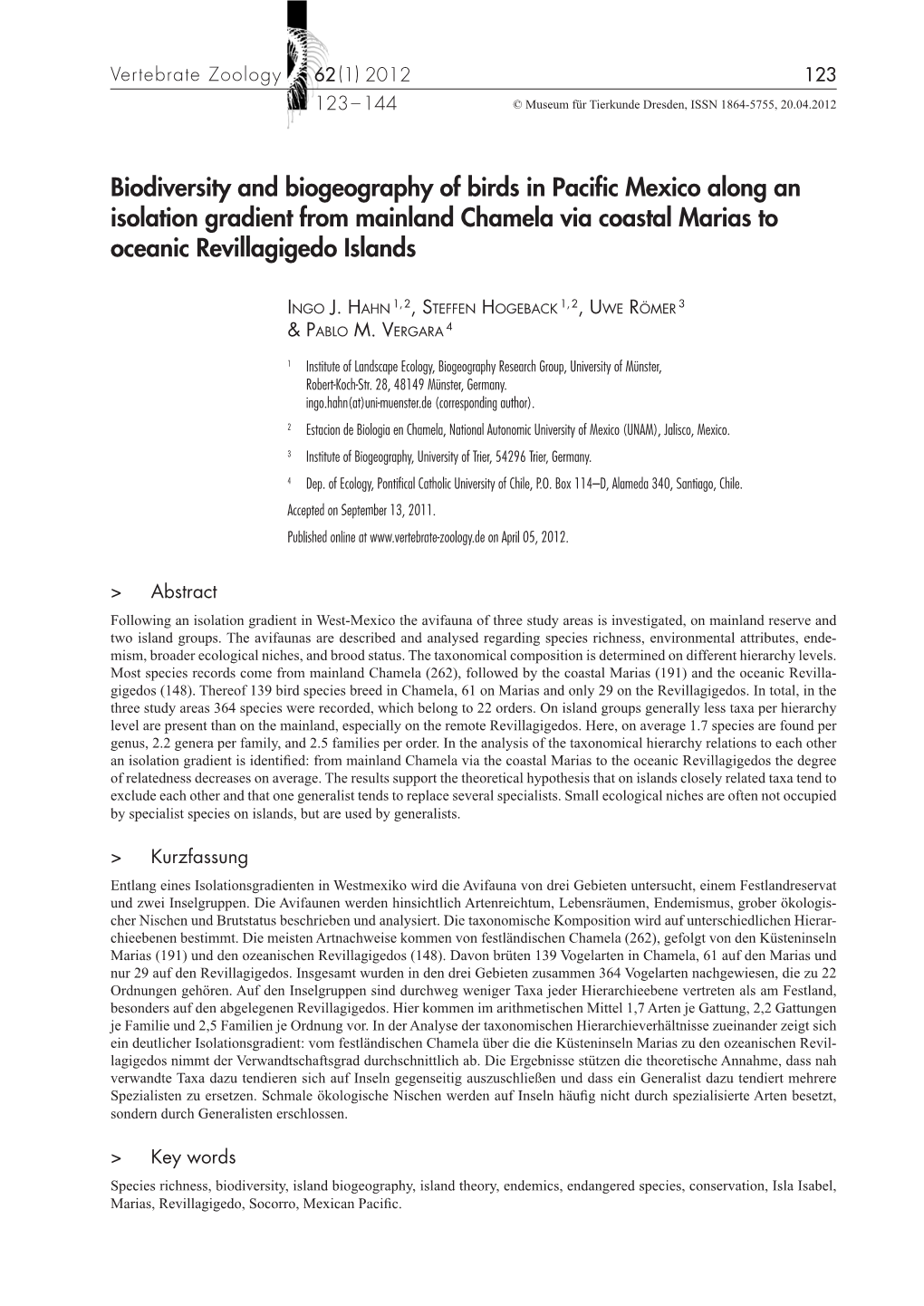 Biodiversity and Biogeography of Birds in Pacific Mexico Along an Isolation Gradient from Mainland Chamela Via Coastal Marias to Oceanic Revillagigedo Islands