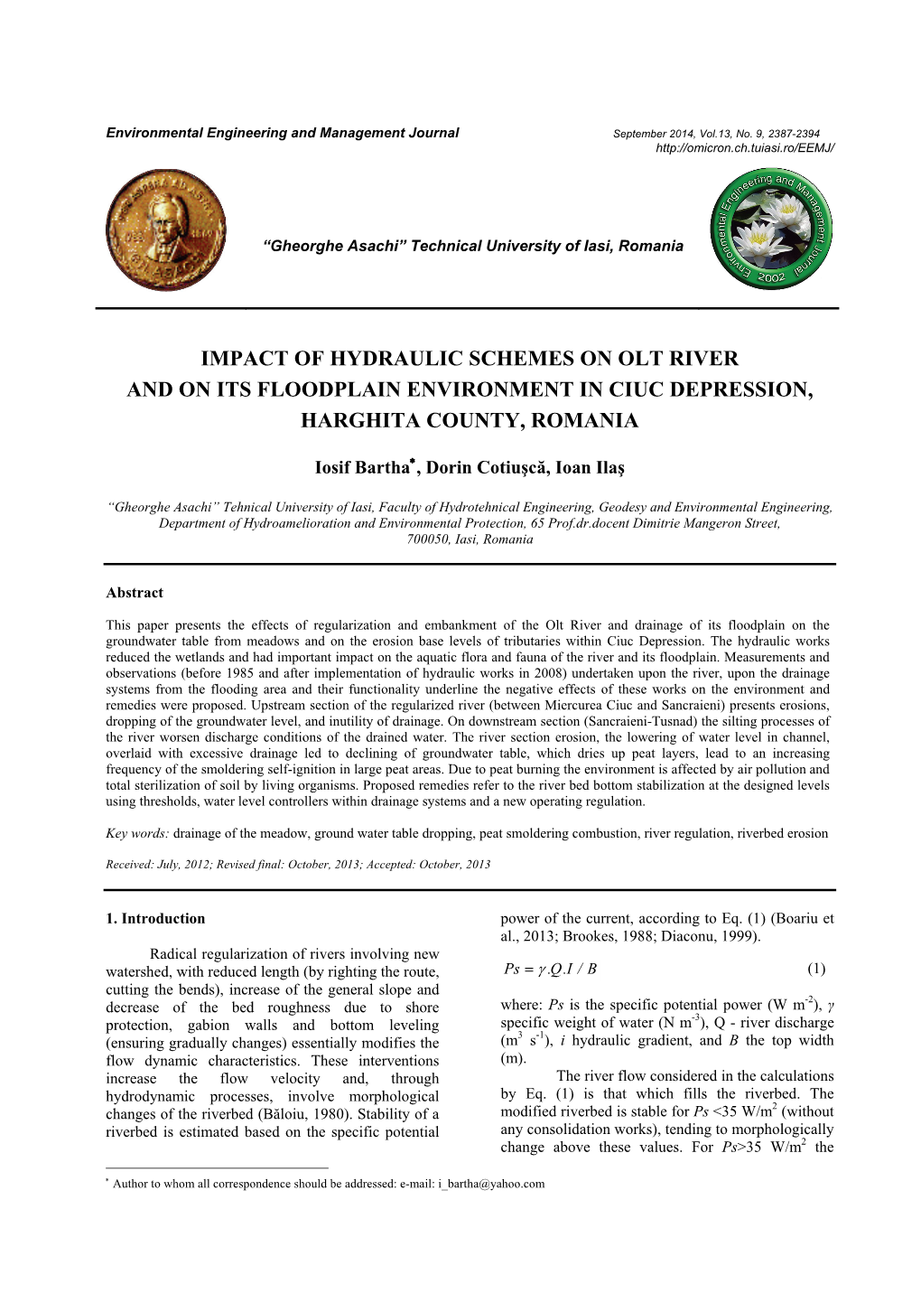 Impact of Hydraulic Schemes on Olt River and on Its Floodplain Environment in Ciuc Depression, Harghita County, Romania