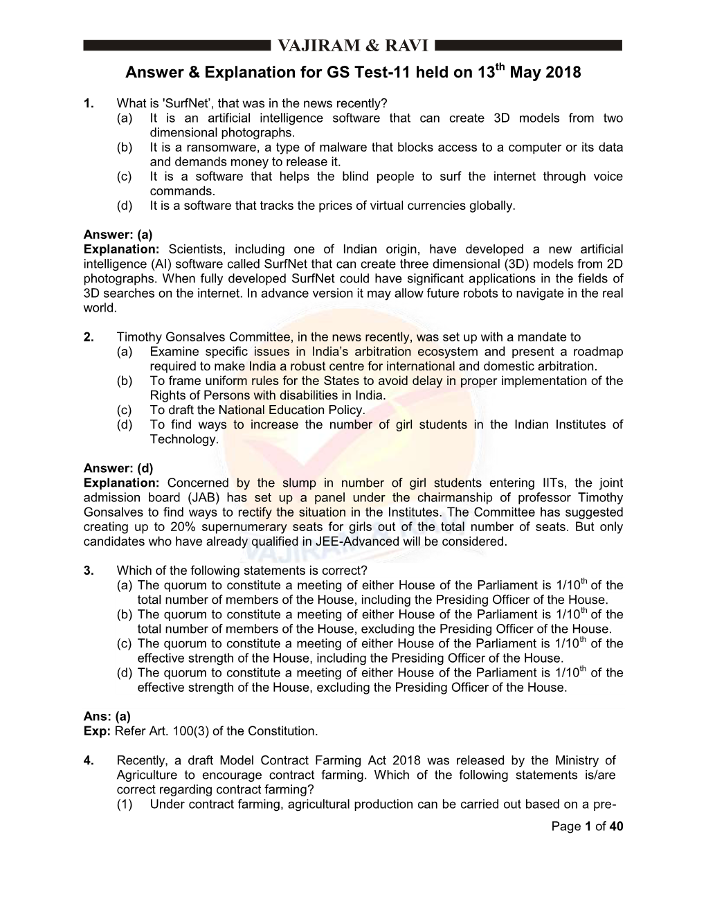 Answer & Explanation for GS Test-11 Held on 13 May 2018