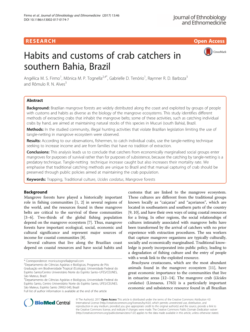 Habits and Customs of Crab Catchers in Southern Bahia, Brazil Angélica M