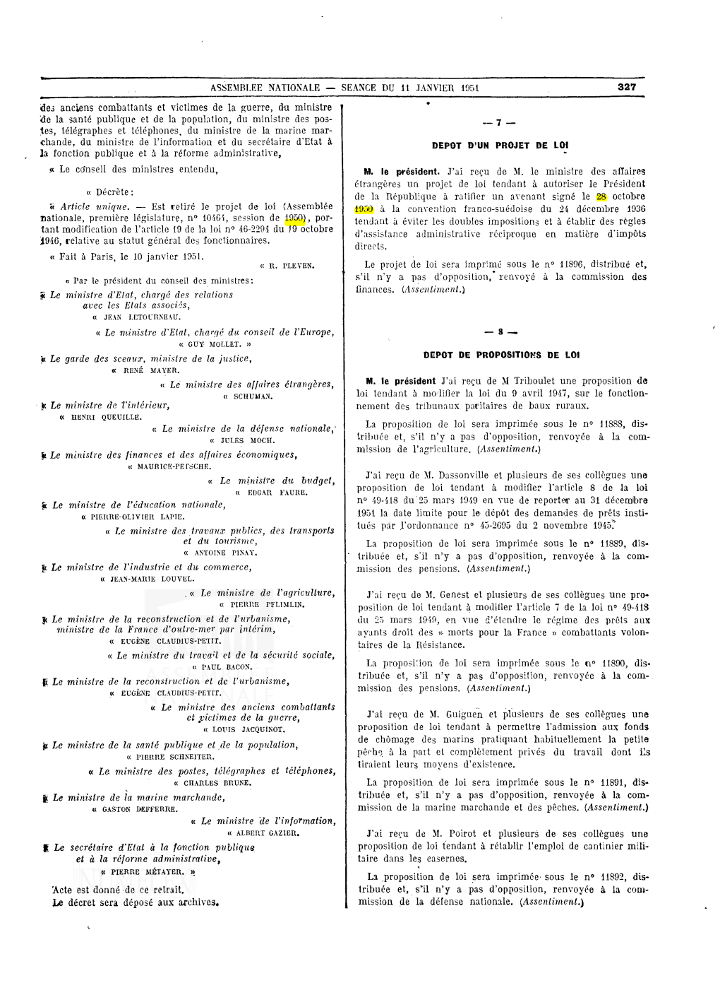 Dei Anciens Combattants Et Victimes De La Guerre, Du Ministre Âe La Santé Publique Et De La Population, Du Ministre Des Pos- T