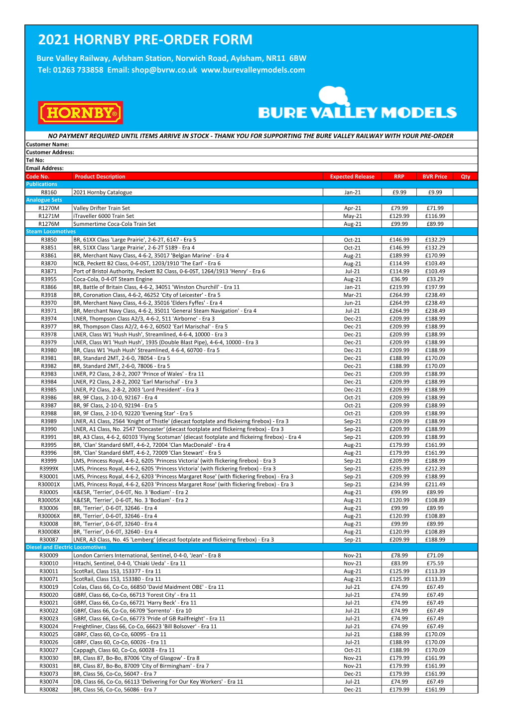 Hornby 2021 Pre-Order Form