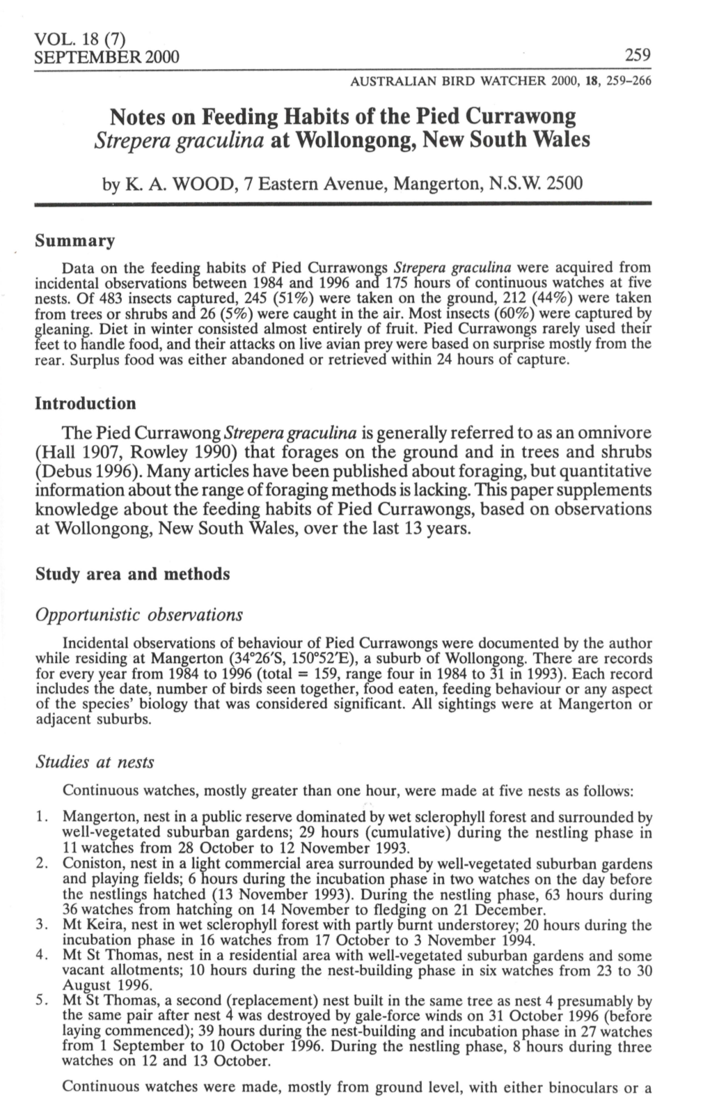 Notes on Feeding Habits of the Pied Currawong Strepera Graculina at Wollongong, New South Wales