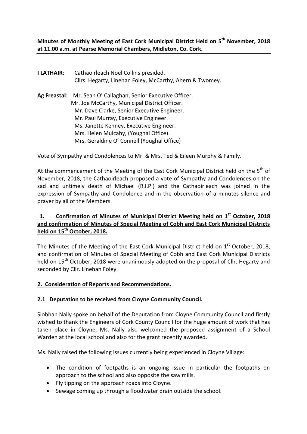 Minutes of Monthly Meeting of East Cork Municipal District Held on 5Th November, 2018 at 11.00 A.M