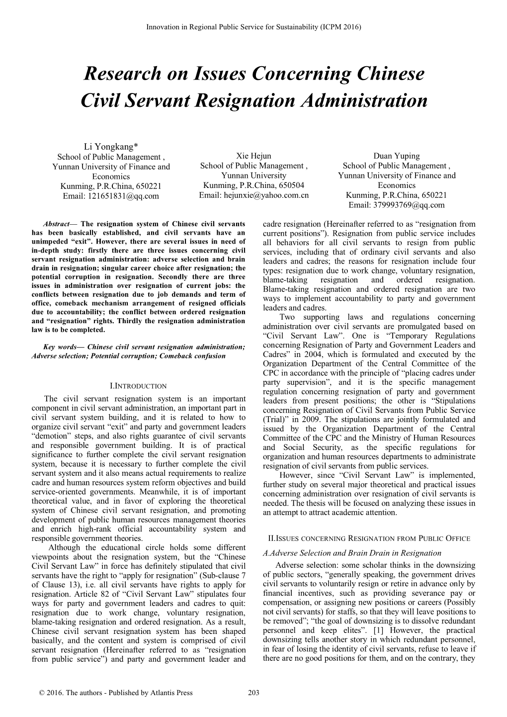 Research on Issues Concerning Chinese Civil Servant Resignation Administration