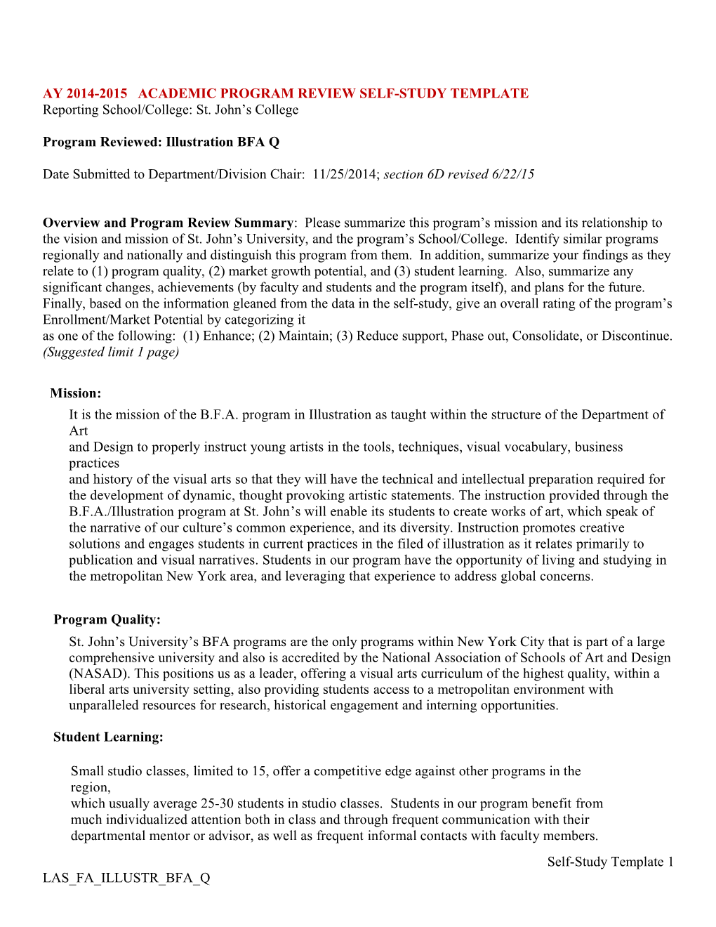 Ay 2014-2015 Academic Program Review Self-Study Template